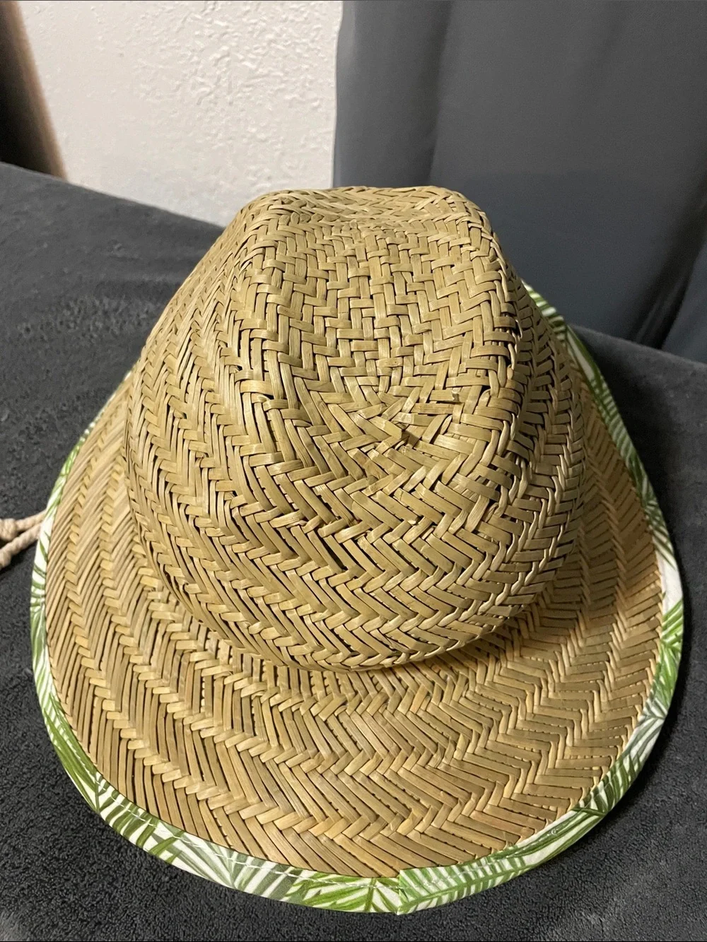 BNKV Natural Straw Kids Sun Hat with Green Leaf Trim